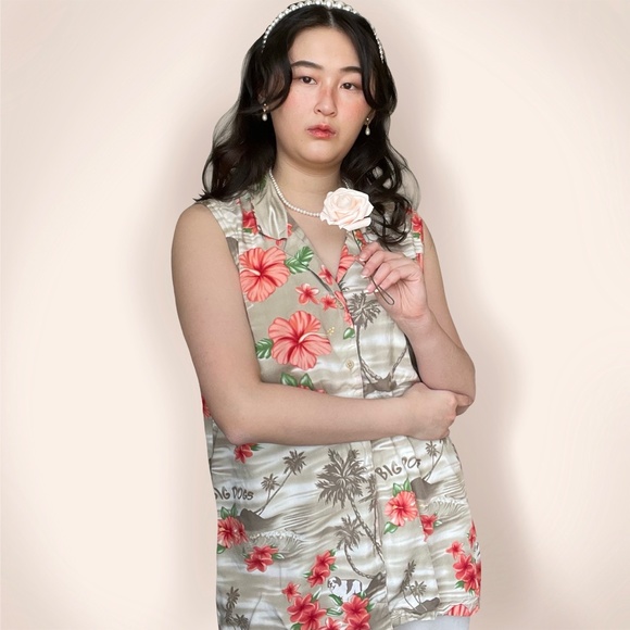 Beige brown & coral sleeveless tropical floral pal - Picture 1 of 4